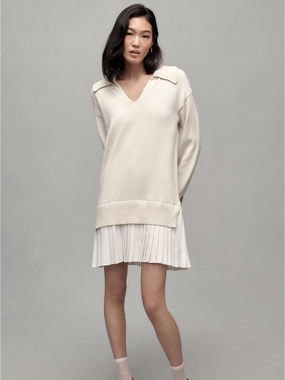 English Factory Cream V-Neck Twofer Collared Sweater Dress